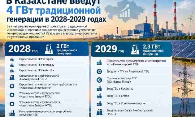 В Казахстане в 2028&ndash;2029 годах введут более 4 ГВт традиционной генерации