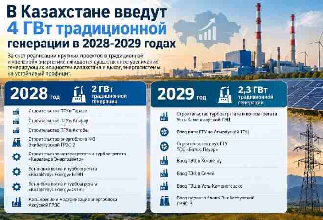 В Казахстане в 2028&ndash;2029 годах введут более 4 ГВт традиционной генерации
