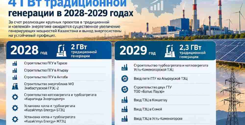 В Казахстане в 2028&ndash;2029 годах введут более 4 ГВт традиционной генерации
